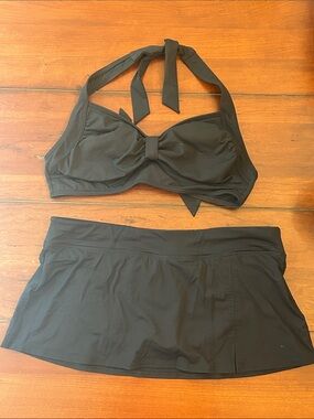 Lands' End Black Halter Swim Top with Matching Skirted Bottom